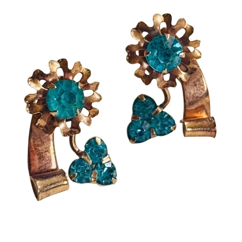 VTG Art Deco Gold filled Earrings Floral Blue Crystal Ribbon Screw back Jeweled